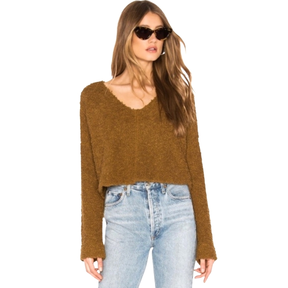 Free People Popcorn Brown Pullover Crop Boho Chic Sweater Oversized XS